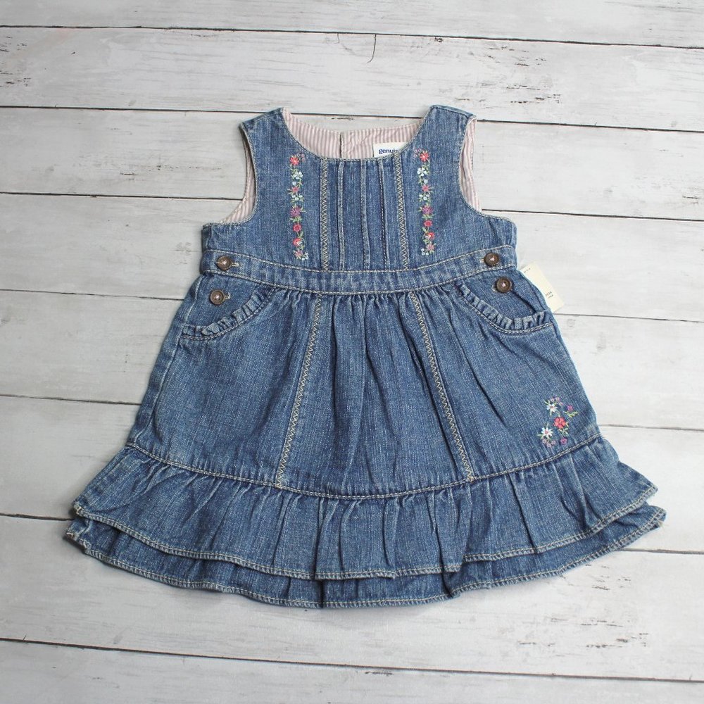 Oshkosh Vintage Baby Girl's Blue Jean Dress Size 9 Months Embroidered